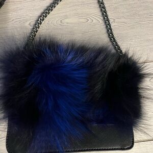 Chic and Pretty Luxurious Blue and Black Faux Fur Accent Bag